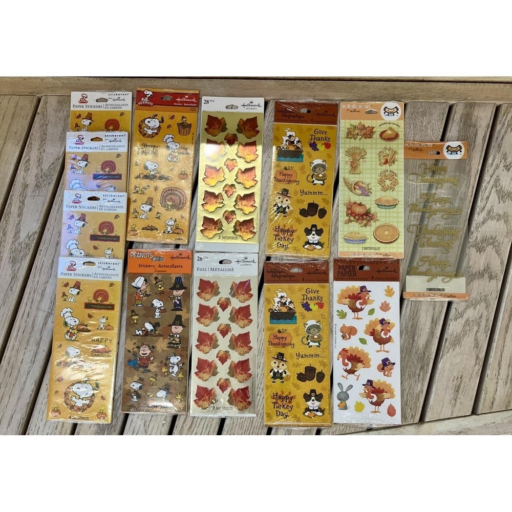 Vintage Hallmark Thanksgiving Sticker Lot Sealed 12 Packs Peanuts , Foil Fall